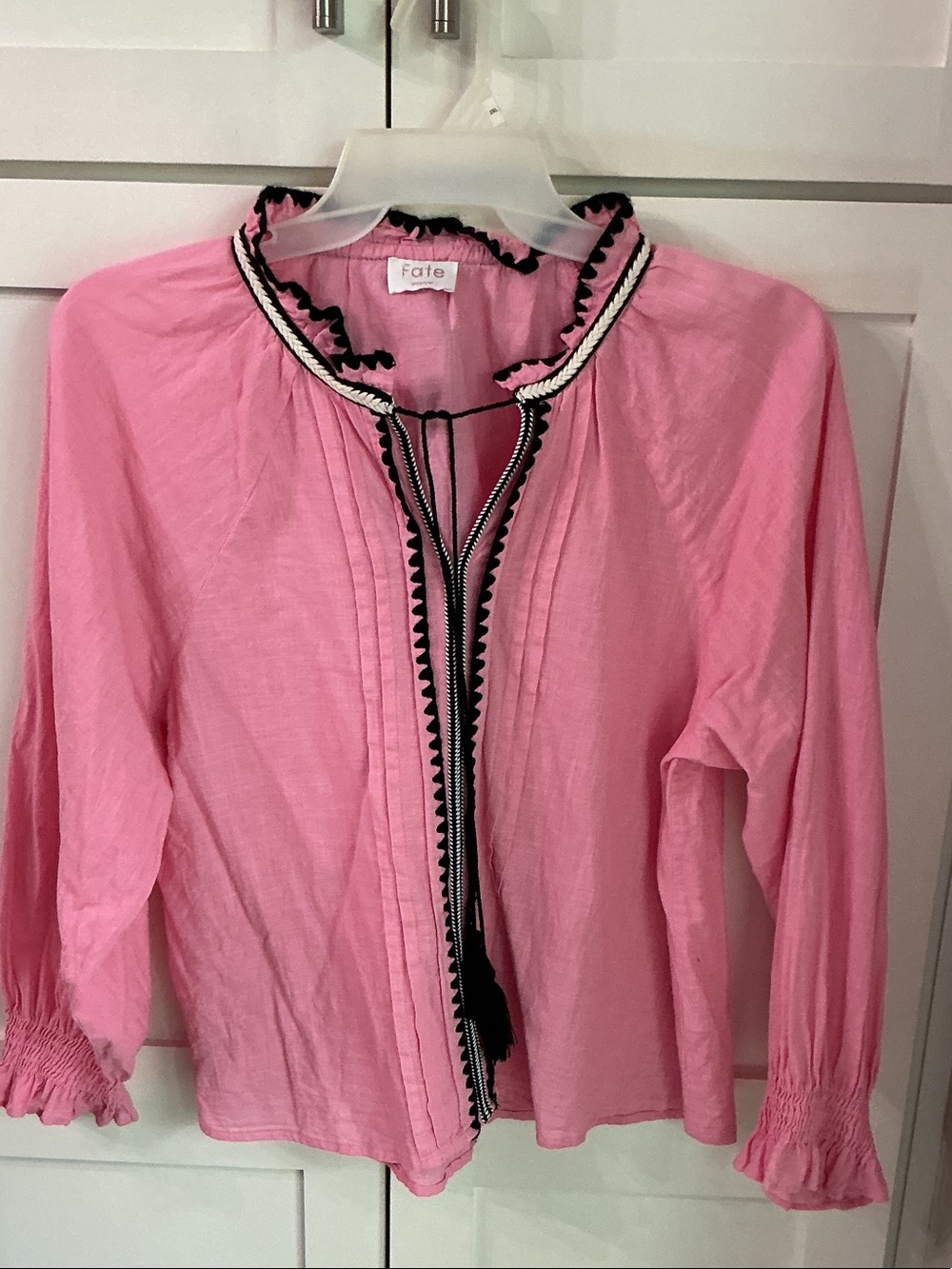 Fate Pink Ruffle-Trim Tie Blouse with Black & White Braided Detail